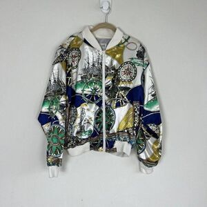 Casual Corner Vintage 80s Womens Satin Nautical Map Zip Up Bomber Jacket OS